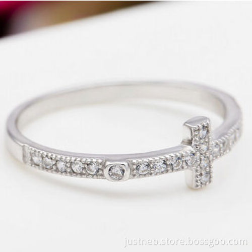 Cubic zirconia rings, sterling silver ring with cross decor for women